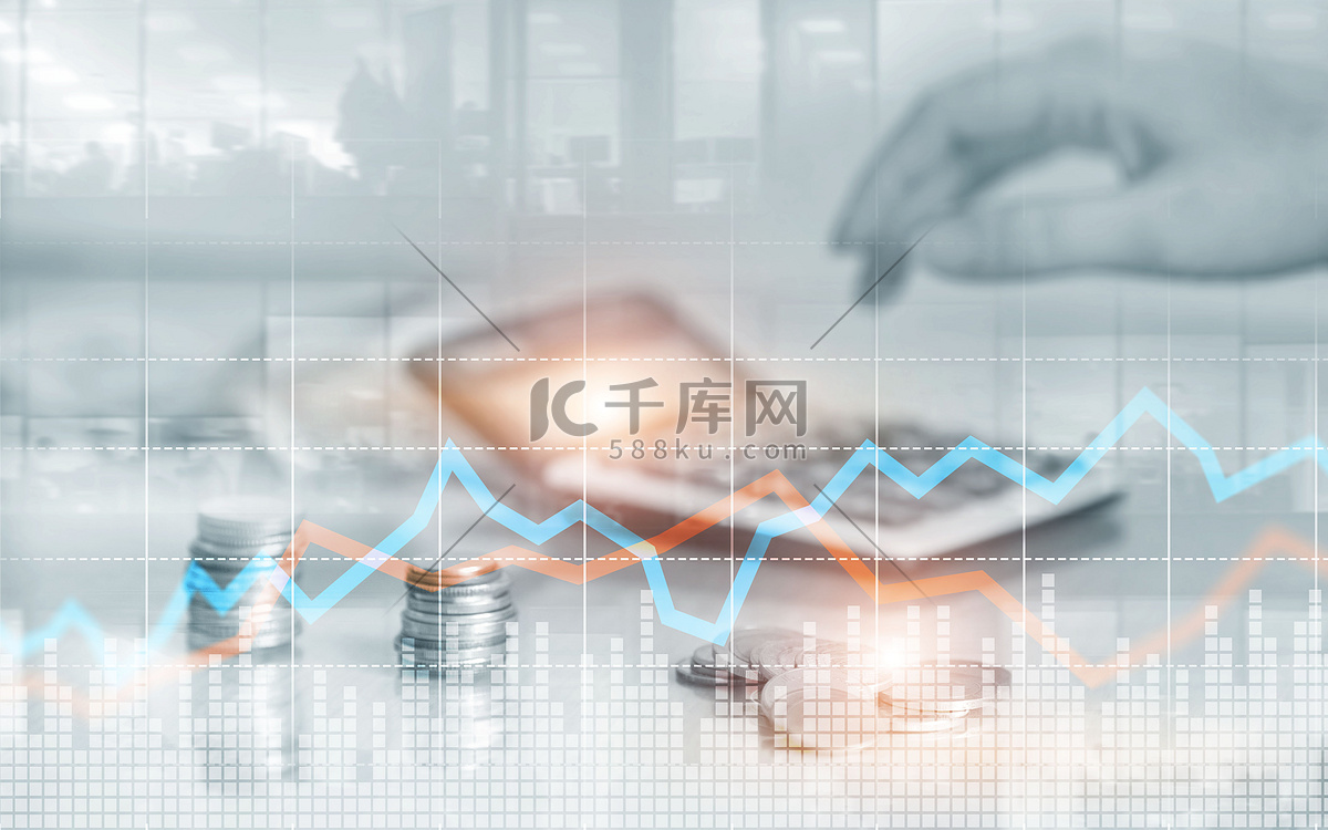 在虚拟屏幕上,使用股票和财务图表对硬币进行双倍曝光企业投资理念.高清摄影大图-千库网