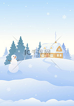 一个可爱的雪人和雪屋的矢量卡通画，垂直背景