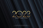 2023新年快乐优雅的设计。深灰色背景上金色2023标识编号的矢量图解。 2023年完美排版保存奢侈设计和新年庆祝的日期.