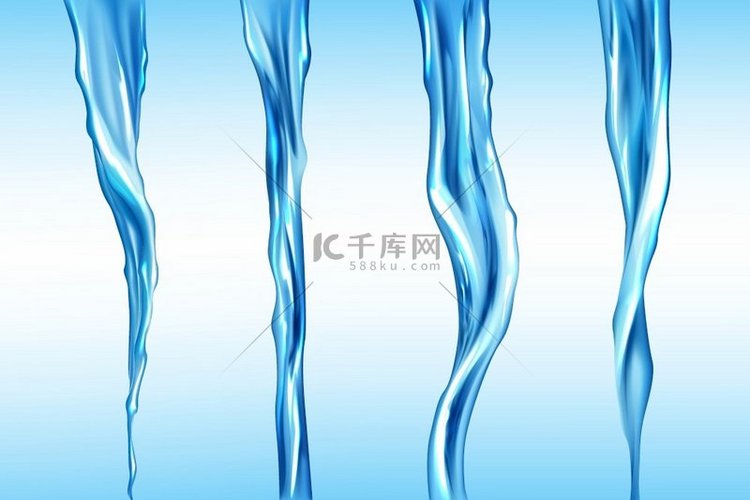 水流设置纯液体的孤立流动运动蓝色背景上的水合元素动态流动透明倾泻水射流饮料瀑布或河流泛滥逼真的三维矢量剪贴画水流设置液体的孤立流动运动背景图片 ...