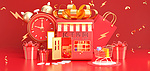 新年年货节礼盒店铺红色C4D3D立体背景