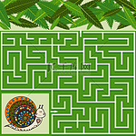 色彩斑斓的迷宫游戏给孩子们带来了大自然的主题，帮助蜗牛找到了通向树叶的路，绿色的背景，矢量图解