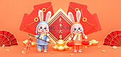 兔年红包元宝橙色中国风C4D3D背景