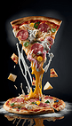 披萨火腿片美食美味飞溅立体