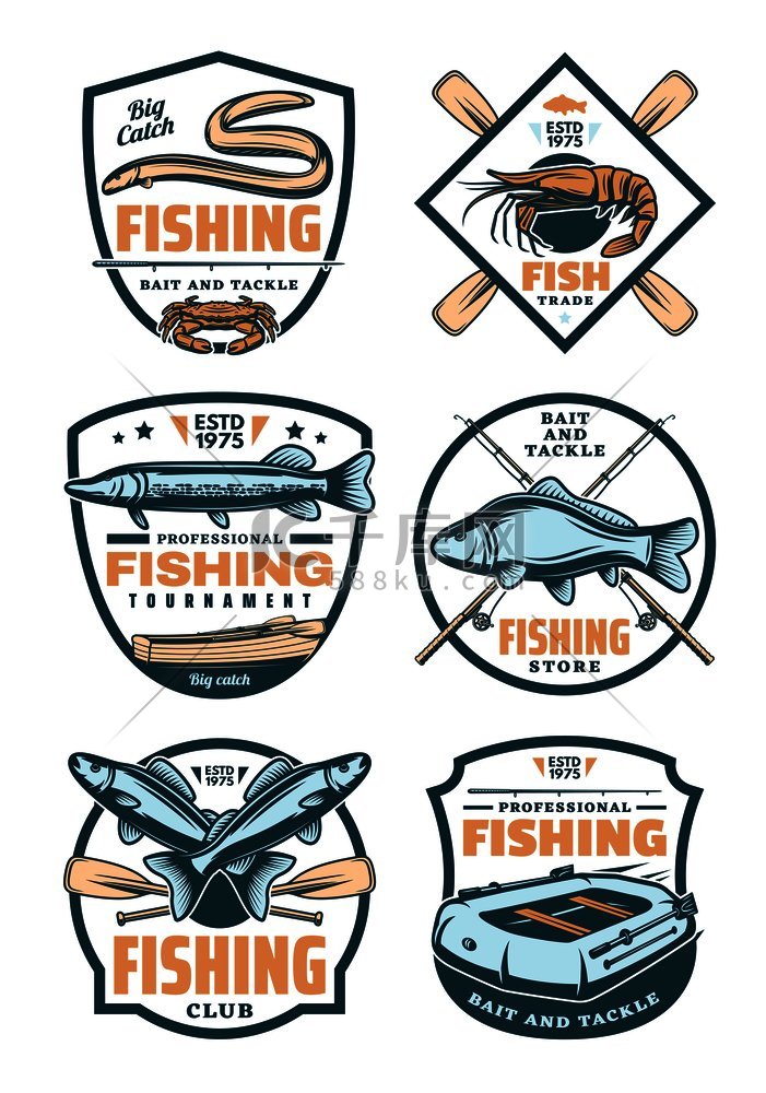 用于体育俱乐部、鱼类贸易、钓鱼店和锦标赛设计的钓鱼运动复古徽章。