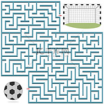 迷宫的主题是体育运动，足球，帮助球进入目标，迷宫的形状是正方形的，背景是白色的，载体是教育，发展，儿童图书的设计