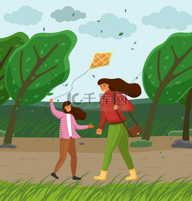 母亲和女儿在公园里玩风筝。背景图片免费下载_海报banner/高清大图_千库网(图片编号6238661)