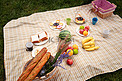 野餐垫上的面包水果