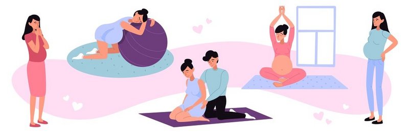 年轻孕妇做瑜伽和健身运动的健康孕期平面设计理念矢量图