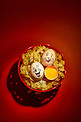 静物春分新鲜鸡蛋鸡蛋红色背景摄影图配图