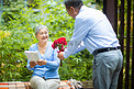 老年爱情白天老父亲户外送玫瑰花摄影图配图