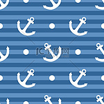 平铺水手矢量模式与白色船锚和海军蓝色条纹背景上的波尔卡圆点