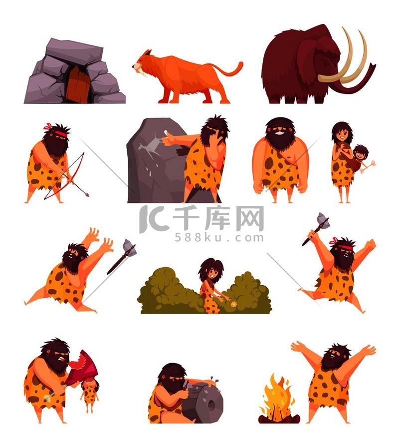 石器时代卡通图标中的原始人用带武器的穴居人毛皮和古代动物孤立的矢量图解。