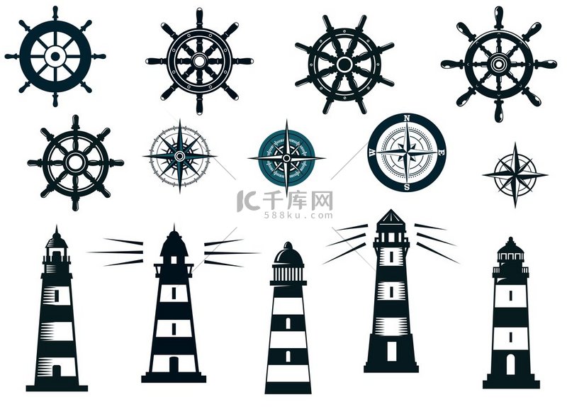一组黑白海洋或航海主题图标，带有灯塔、罗盘和复古船轮