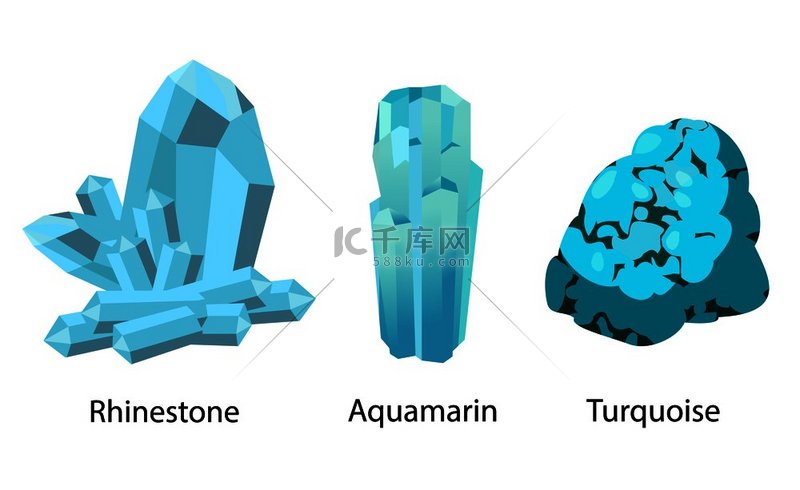 水钻海蓝宝石绿松石珍贵的蓝色宝石集孤立的矢量水晶和矿物宝石地质岩石逼真的设计水钻海蓝宝石绿松石珍贵
