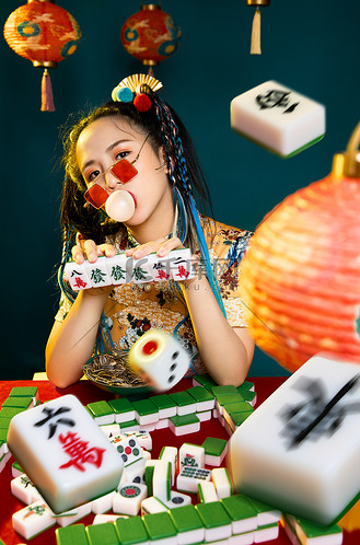 国潮白天脏辫美女室内打麻将吹泡泡摄影图配图