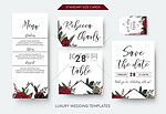 婚礼个人菜单, 表号, 标签保存日期贺卡设置。矢量水彩花花束装饰框架设计: 红色勃艮第玫瑰花, 绿叶桉树枝和浆果