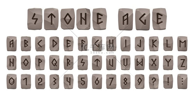 维京符文石器时代字母凯尔特字体灰色岩石上有古代符文符号北欧风格的北欧字母数字和标点符号类型的符号卡通矢量集维京符文石字母凯尔特字体数字背景图片 ...