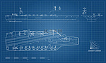航空母舰蓝图。军用船。顶部, 正面和侧面视图。战舰模型。外形样式军舰