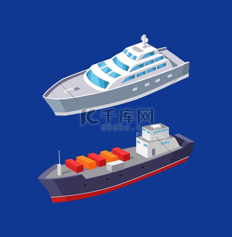 货船和客轮船舶矢量图标被隔离满载集装箱的运输船出口货物通过水路运输和运送货船客轮海运船舶矢量