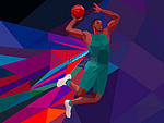 多边形的几何风格插图的跳射击跳跃的篮球球员跳投线从一侧上多彩的低聚背景设置.