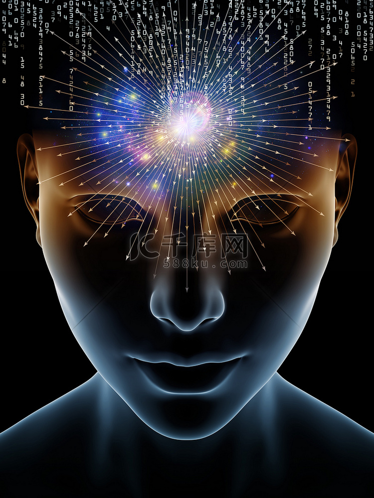 心波系列。3d 人类头部图示图与意识、大脑、智力和人工智能学科的技术符号高清摄影大图-千库网