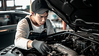 汽车机械师在维修检查汽车零件工业人像