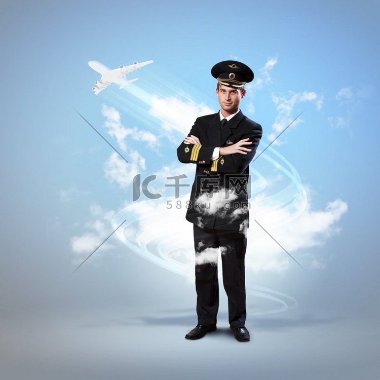 男飞行员的形象。男飞行员的形象，飞机在他周围飞翔高清摄影大图-千库网