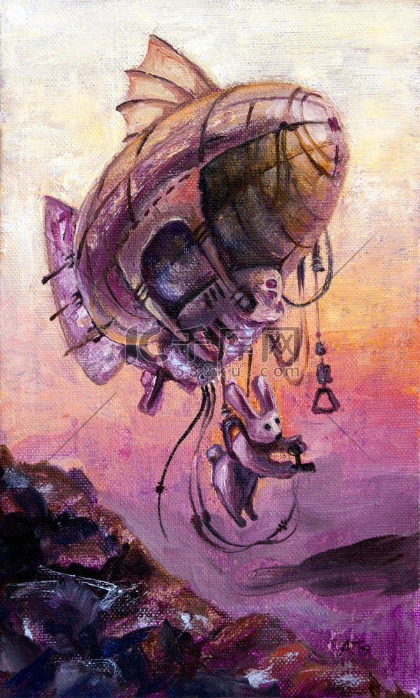 日出时，胖兔子驾驶着一艘私人飞船。画布上的油画飞行员兔子高清摄影大图-千库网