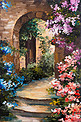 油画-夏季露台，五颜六色的花朵在花园，房子在希腊