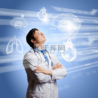 男医生思考雪花背景流行时尚医疗交叉报告数字显示未来