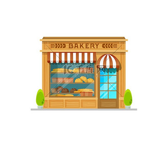 玻璃陈列柜招牌和天篷的面包店建筑立面卡通图像儿童床