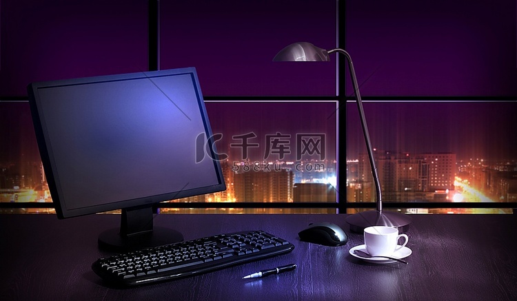 晚上在办公室工作，从窗户可以看到城市的景色高清摄影大图-千库网