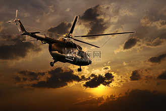 直升机降落在日落