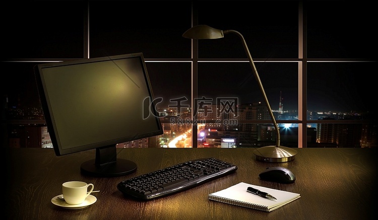 晚上的办公室台式电脑录音室高清摄影大图-千库网