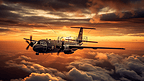 在日落的天空上飞行的运输飞机