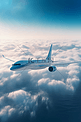 商用飞机飞过湛蓝的天空和白云