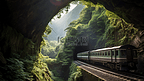 新台北中国台湾紧挨着山谷，火车穿过山里的隧道，是一道美丽的风景线