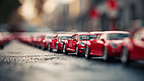 许多红色的车与小景深
