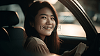 美丽的亚洲女人微笑着，享受着驾驶汽车和手即将开车进入旅行的道路
