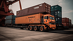 港口作业装载集装箱上船 卡车将集装箱装载到集装箱船上