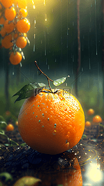 森林里阳光洒在雨中橘子