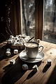 一杯咖啡和棉花糖放在木桌上
