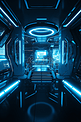蓝色的飞船内部发光的霓虹灯反射在地板上，未来走廊在空间站与圆形背景3D渲染