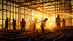 工程师和施工团队在现场工作的剪影，在模糊的背景下，为工业背景与灯会。从多个参考图像一起创建
