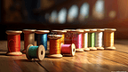 Colourful thread spools on brown wooden table