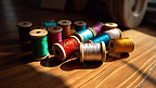 Colourful thread spools on brown wooden table