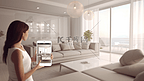 智能家居技术界面手机app增强现实物联网客厅室内设计物联网女性手持遥控装置3d插画