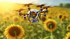 农业无人机在向日葵田里飞行智能农场概念