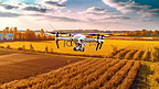 带摄像头的四轴飞行器在田野上空飞行。智慧农业概念